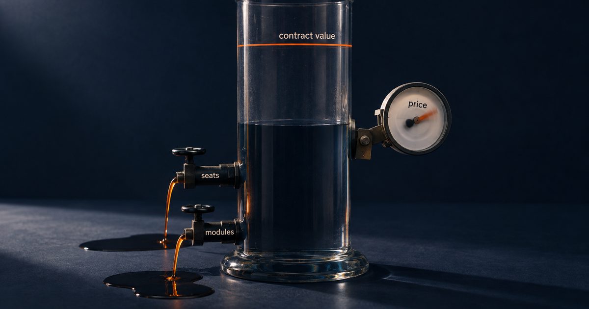 A glass cylinder on a navy surface: an orange “contract value” line near the top, the liquid far below it, valves labelled “seats” and “modules” draining out.